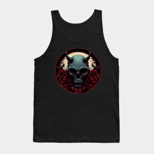 Dark scary skull with red rose flowers in a circle Halloween Tank Top